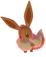 a cartoon eevee is sitting on a white surface with a pink tail .