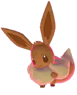 a cartoon eevee is sitting on a white surface with a pink tail .
