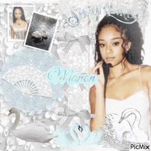 a picture of a woman with swans and the name marion