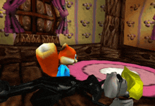 a cartoon squirrel is laying on a bed next to a man