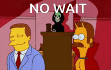 a cartoon with a grim reaper behind a podium and the words no wait