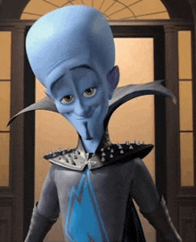 a cartoon character with a big head and a spiked collar is standing in front of a door .