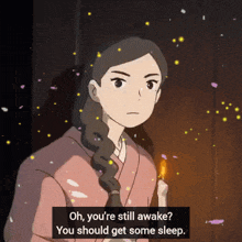 a cartoon of a woman holding a candle with the words oh you 're still awake you should get some sleep