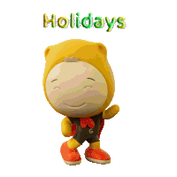a cartoon character wearing a yellow hat with the word holidays above it