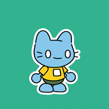 a sticker of a blue cat wearing a yellow shirt with a square in the middle