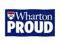 a wharton proud logo that is blue and white