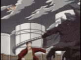 a cartoon of a man running from a monster with the letters ss on the bottom right