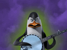 a penguin is playing a banjo with a green background