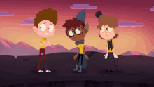 three cartoon characters are standing next to each other
