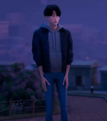 a man wearing a hoodie and a jacket is standing in front of a fence