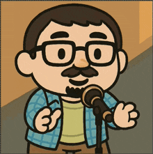 a cartoon drawing of a man with glasses and a mustache speaking into a microphone