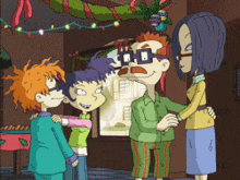 a group of cartoon characters are standing in front of a window