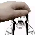 a hand is holding a person 's head in a black and white cartoon .