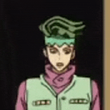 a close up of a cartoon character wearing a green vest and a pink shirt .