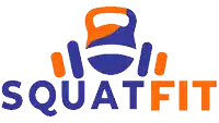 a blue and orange logo for squatfit shows a kettlebell and dumbbells