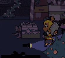 a pixel art of two people standing next to a candy cane in front of a christmas tree .