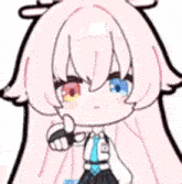 a cartoon girl with pink hair and blue eyes is holding a glove .