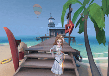 a girl in a white dress is standing on a dock with a red sign that says ' no diving '