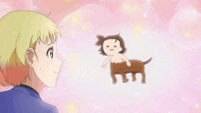 a girl is looking at a centaur with a dog 's legs