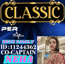 a woman is standing in front of a sign that says classic per starmaker
