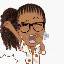 a cartoon of a girl wearing glasses and yawning