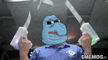 a man in a blue shirt is holding two knives in front of a pepe the frog face