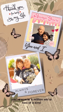 a picture of a man and woman with the words thank you for being in my life above them