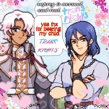 a pixel art of two boys with a speech bubble that says " pregnancy is normal and real "