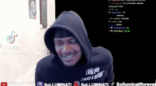 a man wearing a hooded sweatshirt that says i told her i was a before