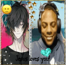 jesus loves you is written on a picture of a man