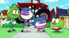 a group of cartoon characters are standing on a sidewalk with a monster truck in the background