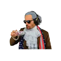 a man wearing a wig and headphones is holding a can