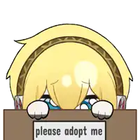 a cartoon character is peeking out from behind a sign that says please adopt me