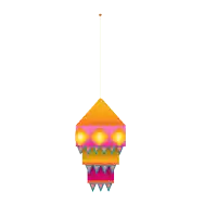 a colorful lantern is hanging from a string with a white background