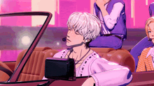 a man with white hair is sitting in a car with two other people
