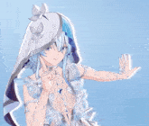 a drawing of a woman with blue hair and a white hat