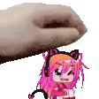 a cat is holding a cartoon girl with pink hair and headphones on her head .
