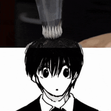a black and white drawing of a person with whipped cream on top of their head