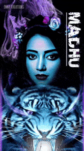 a painting of a woman holding a tiger with the name machu written on the bottom