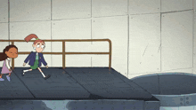 a cartoon of two girls walking on a ramp with the number 3 on it