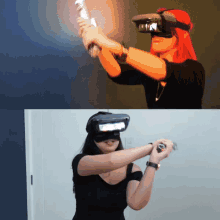 a woman wearing a virtual reality headset is holding a light