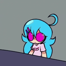 a cartoon character with blue hair and a pink shirt with a heart on it is making a funny face .