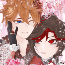a couple of anime characters standing next to each other with the words love you written in the background