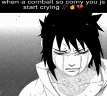 a black and white drawing of a boy crying with the caption when a cornball so corny you js start crying