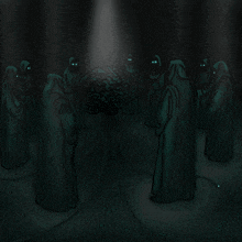 a group of ghosts are standing in a circle in a dark room