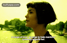 a woman is standing in front of a body of water with a quote from the movie a surge of love
