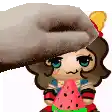 a cartoon girl is holding a watermelon in her mouth while a hand holds her hat .