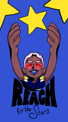 a cartoon of a woman reaching for a star with the words reach for the stars below her