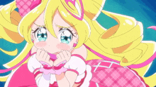 a girl with long blonde hair and blue eyes is wearing a pink and white dress