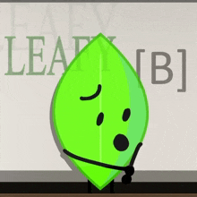 a green leaf is standing in front of a sign that says happy leafy